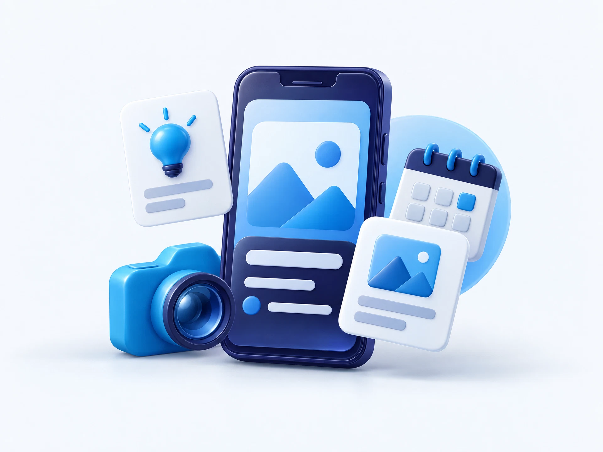 AI Content Employee illustration with a smartphone, camera, and content tiles